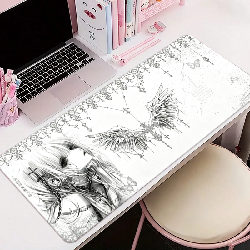 Gaming Accessories Women - レザーマウスパッド黒白アニメ美学エンジェルガールマウスパッドオフィスアクセサリーPCゲームキーボードEスポーツHDデスクマット